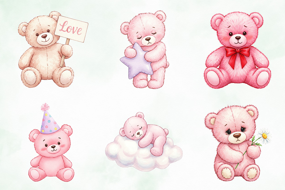 Watercolor Pink Cute Blush Teddy Png, an Illustration by Creative Art (Photo 3 of 10)