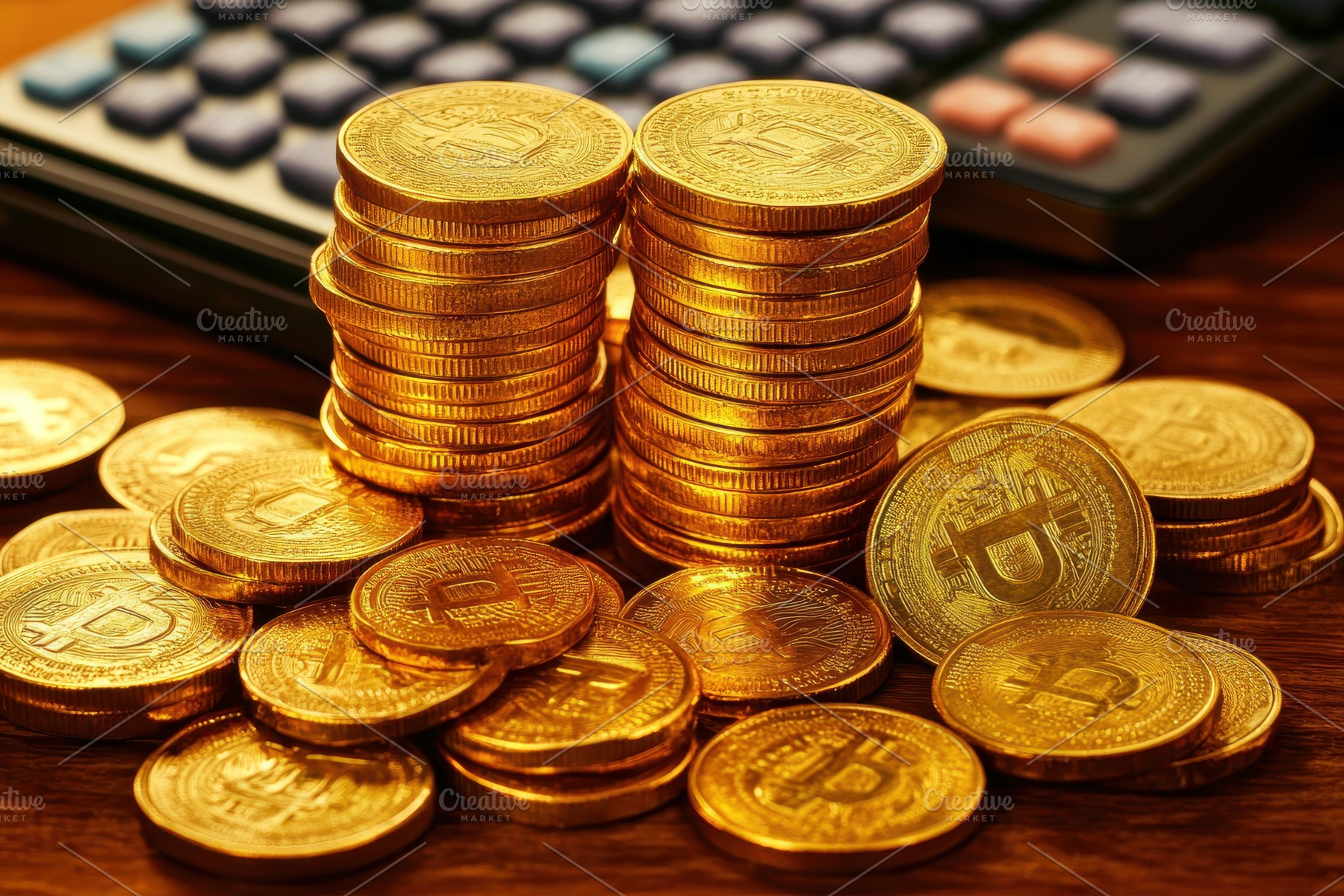 Stacked golden coins arranged alongs, a Photo by Pavel_design