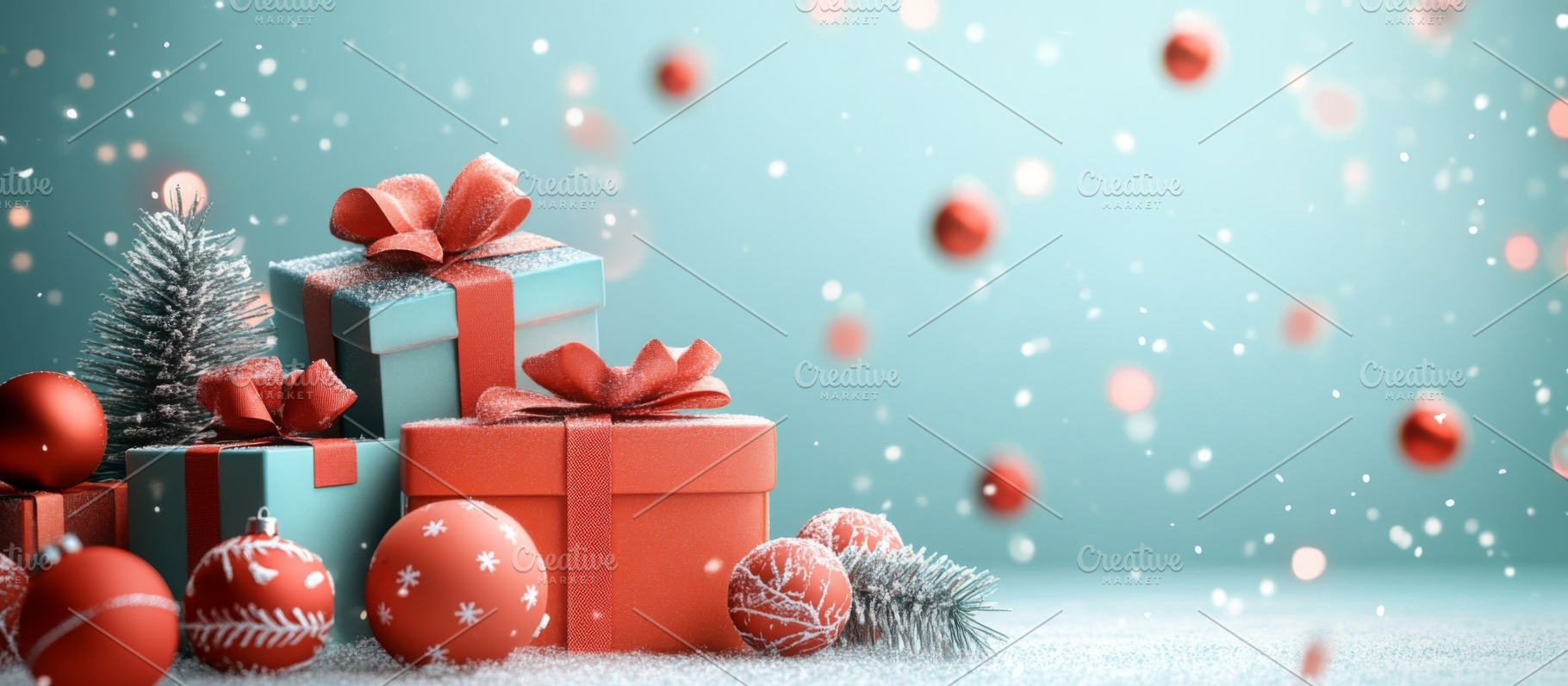 Christmas presents in snow with pine cones and ornaments, backgr, a Photo by Dvoevnore photos