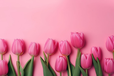 Beautiful floral set with spring tulip flowers on a pink background. Spring con, a Photo by José Manuel Gelpi