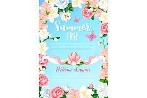 Summer Time Flowers Greeting Vector Poster