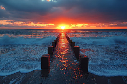 Beautiful sunset over the ocean with, a Photo by Tanuart