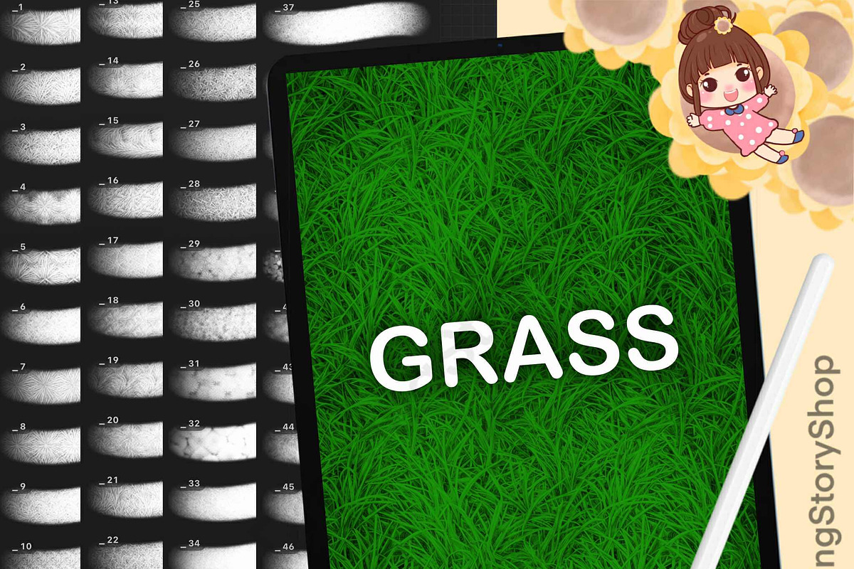 100 Procreate Grass Texture Brushes, a Brush Add-On by DrawingStoryShop (Photo 1 of 6)