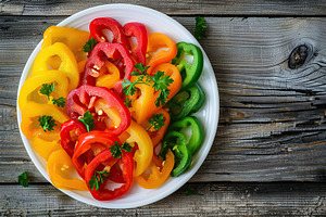 Ripe colorful pepper slices in plate on wooden table, a Food & Drink Photo by AlyaAnd