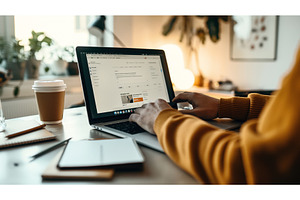 Person typing on a laptop in a cozy, a Technology Photo by Sergey Kotenev