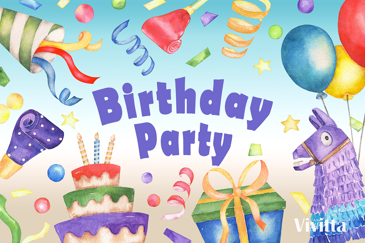 Birthday Party watercolor clipart, a Decorative Illustration by Vivitta (Photo 1 of 5)