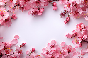 Pink cherry blossoms arranged in a floral frame with delicate pe, a Nature Photo by José Manuel Gelpi