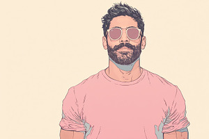 Stylish Man With Beard And Sunglasses In Pink T-shirt Illustration