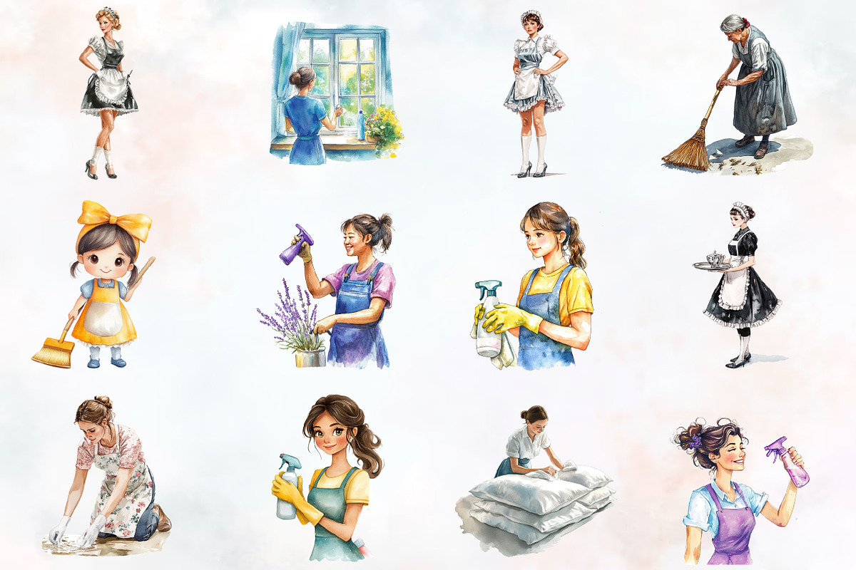 Housekeeper Watercolor Cliparts, an Illustration by RobertsArt (Photo 3 of 4)