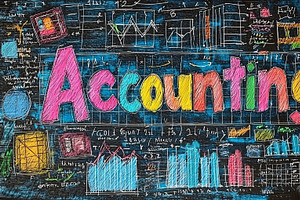 Colorful accounting lettering with doodles and graphs background, an Illustration by AS photostudio
