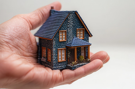 Hand holding a miniature stone house, a Background Photo by Pixeness
