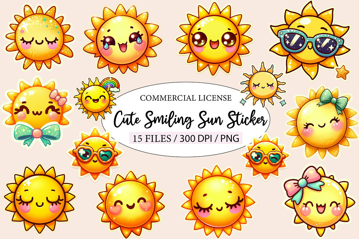 Cute Smiling Sun Sticker Clipart, an Illustration by Designworld (Photo 1 of 5)