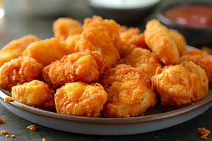 Golden crispy fried chicken pieces on a rustic plate, perfect fo, a Food & Drink Photo by ImageMir