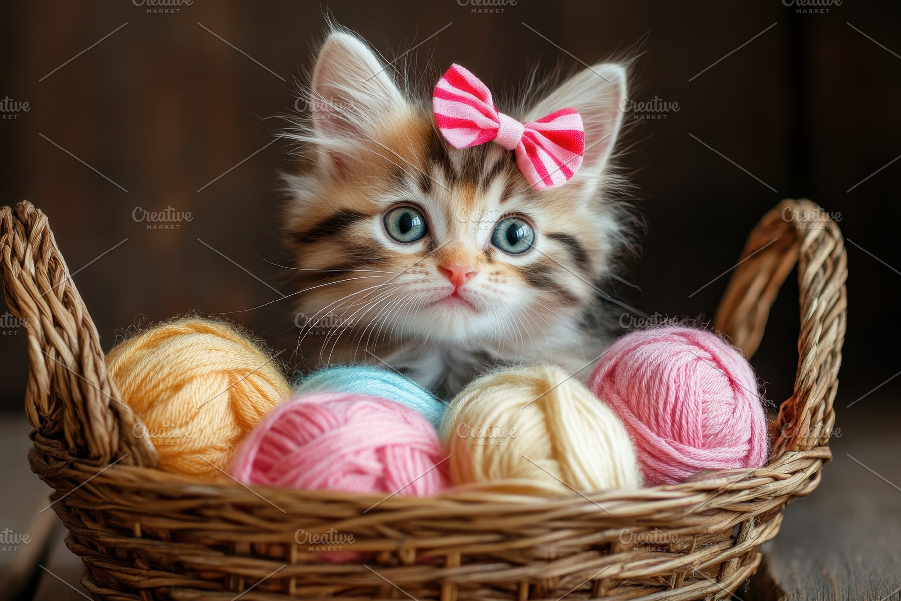 Cute kitten with a pink bow sits, a Photo by Pavel_design