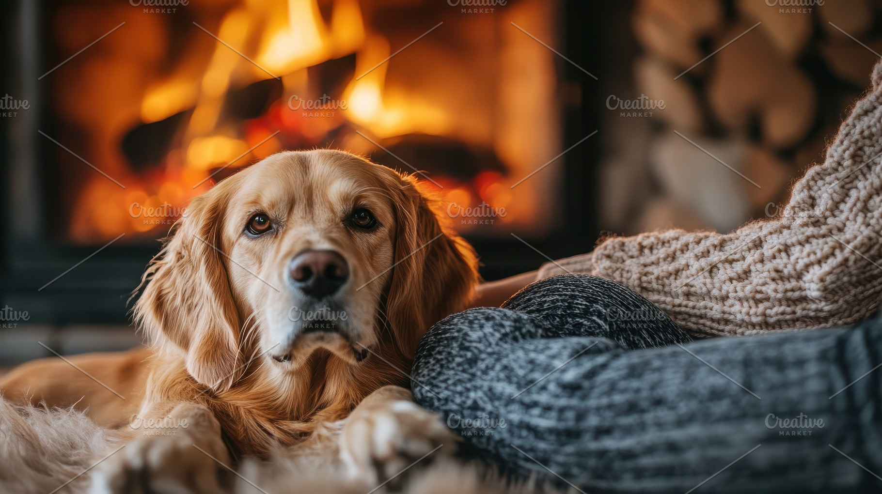Cozy golden retriever resting by the, an Animal Photo by Pixeness Studio
