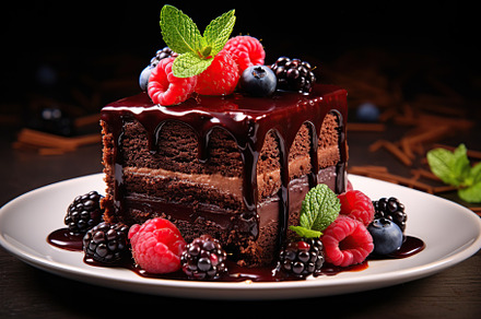 Piece of chocolate cake with fresh berries on brown wooden table, a Food & Drink Photo by AlyaAnd
