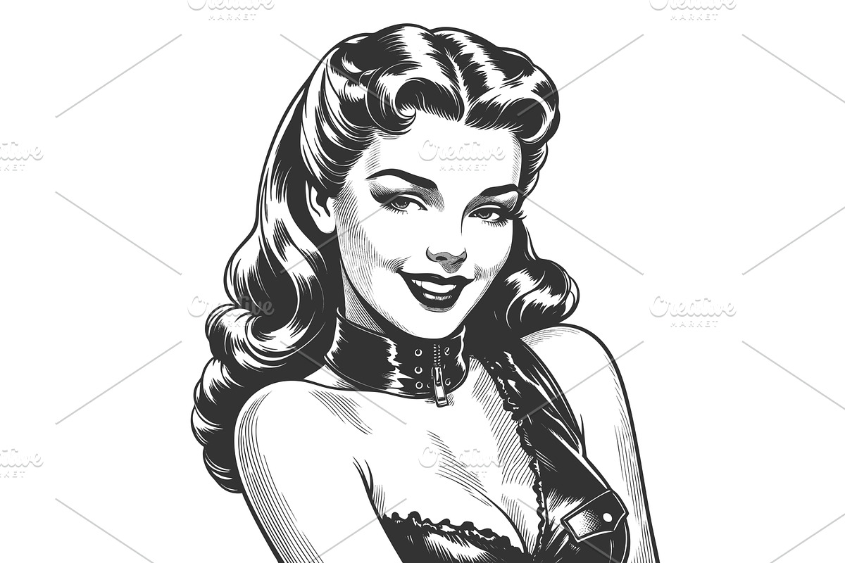 Retro pin-up woman in leather outfit, a Person Illustration by AlexArt