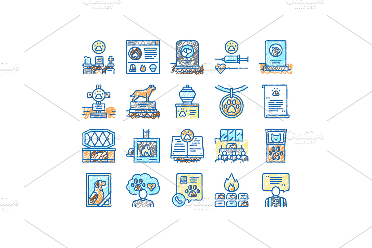 Pet Funeral Cemetery set Icons hand, an Object Illustration by pikepicture