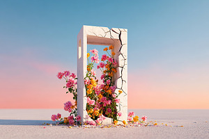 Phone booth transformed with vibrant flowers blooming through cracks at sunset, a Photo by AlyaAnd