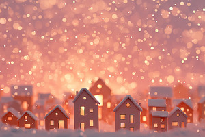 Colorful winter village with glowing houses against a sparkling backdrop at dus, a Photo by AlyaAnd
