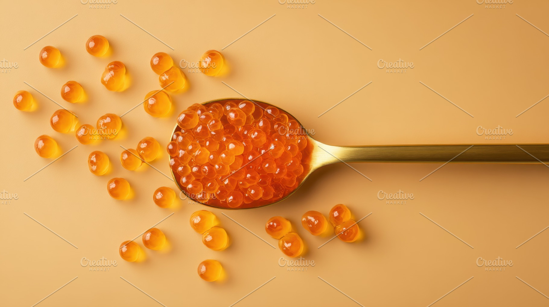 Golden fish eggs on a spoon, a Photo by Beautiful things