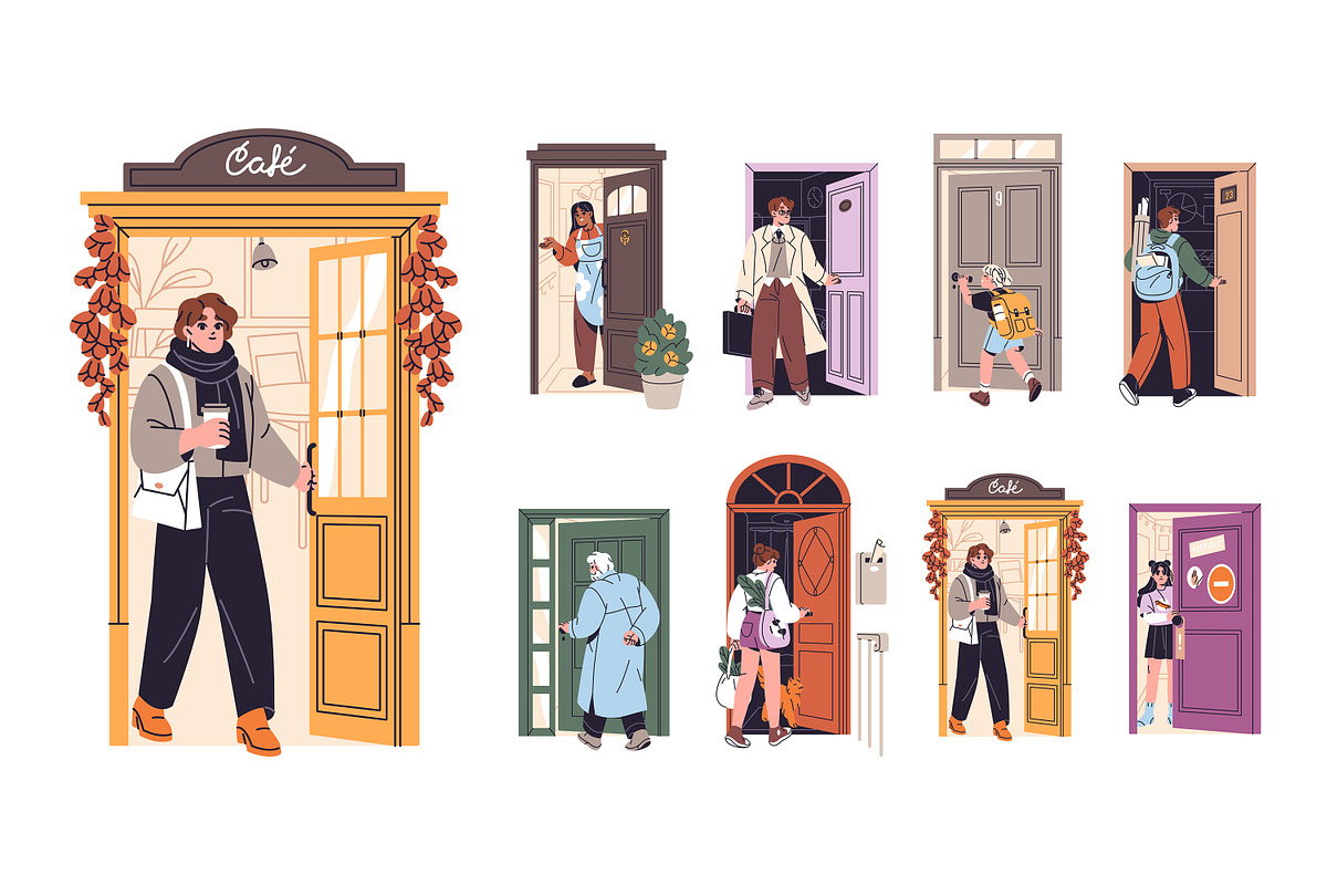 People enter and exit from doors set, a Person Illustration by PaperTrident (Photo 1 of 8)