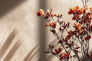 Dried flowers in vase sunlit wall sh, a Photo by Pixeness Studio