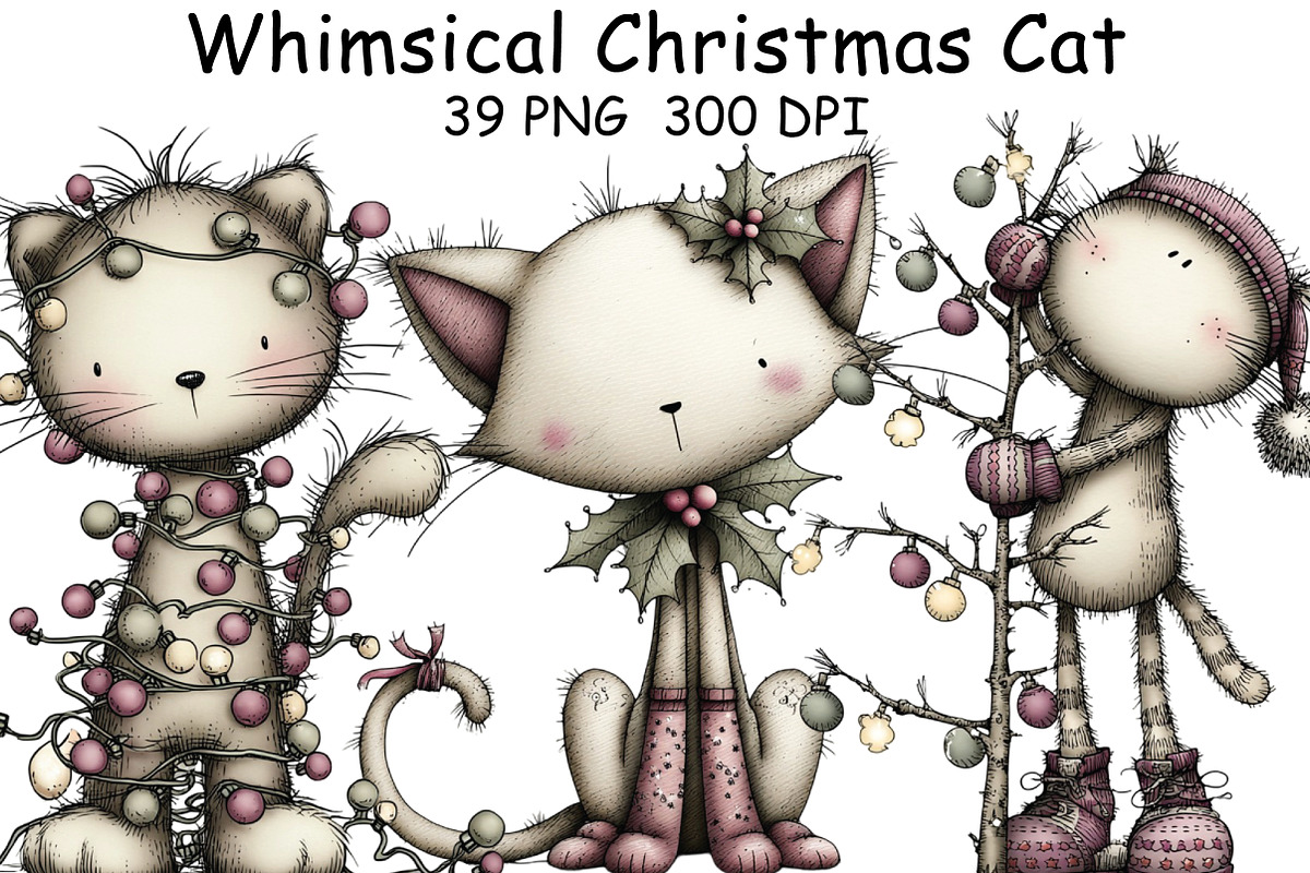 Whimsical Christmas Cat Clipart, an Illustration by CraftArtStudio (Photo 1 of 6)