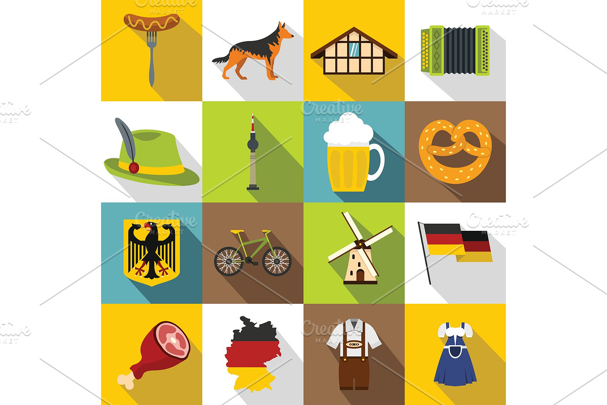 Germany icons set, flat style, a Food Illustration by Ylivdesign