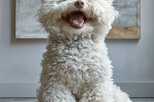 Happy fluffy white dog sitting smili, an Animal Photo by Pixeness Studio