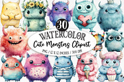 Cute Monsters Watercolor Clipart, an Illustration by Designking (Thumbnail 1 of 5)