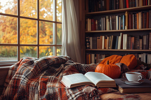 A cozy autumn reading nook, a Photo by Pavel_design