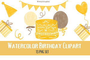 Birthday elements in watercolor set, an Object Illustration by RimzStudio