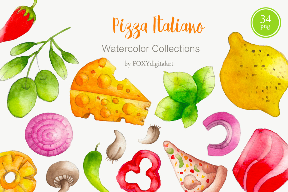 Watercolor Pizza Clipart Pizza Party, a Food Illustration by FOXYdigitalart (Photo 1 of 3)