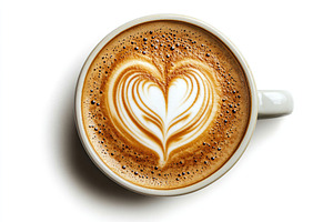 Cup of cappuccino with drawn heart on white background, flat lay, a Food & Drink Photo by AlyaAnd
