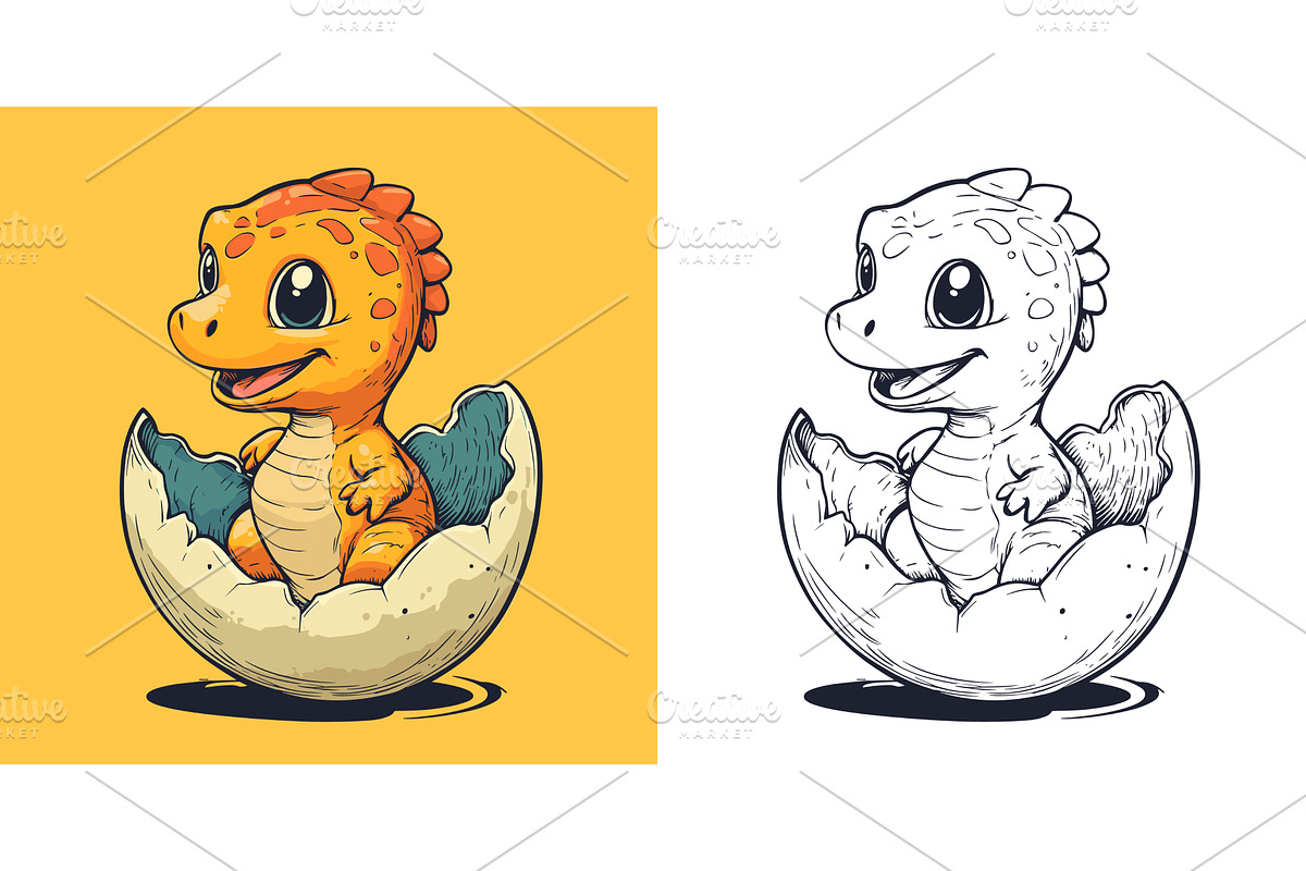 Dinosaur in an Eggshell Cartoon, an Animal Illustration by LadadikArt