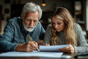 Older man and woman collaborating on, a Photo by Tanuart