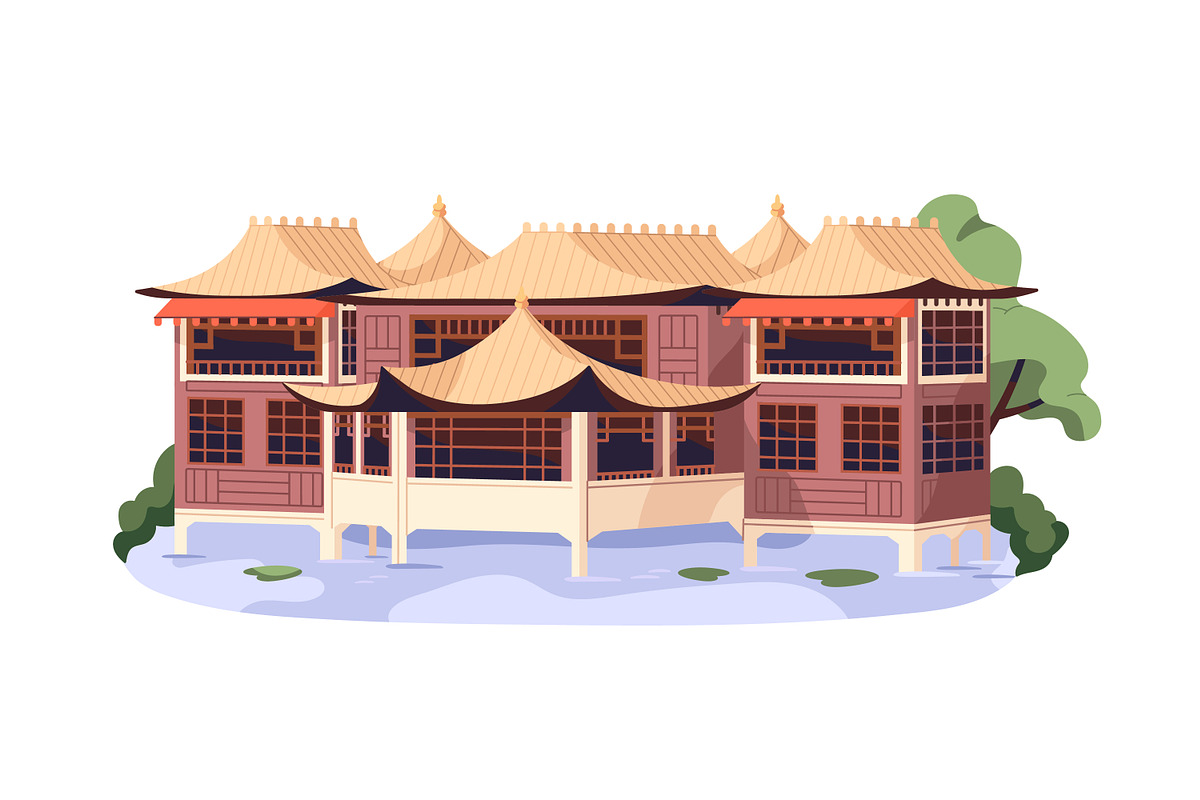 Chinese buildings set + banner, a Decorative Illustration by PaperTrident (Photo 3 of 12)