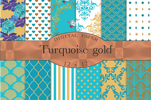 Aqua Gold, Turquoise Digital Paper