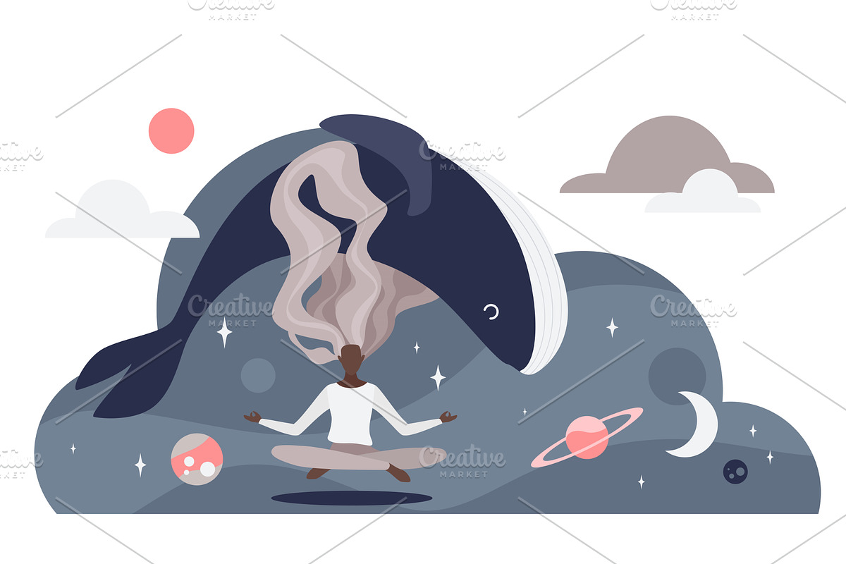Calm meditation surreal whale cloud, an Illustration by Lemberg Vector