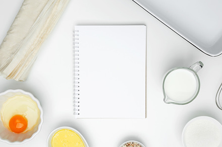 Mockup design for recipe or food blog. Cooking ingredients and notebook. For ba, a Photo by matucha
