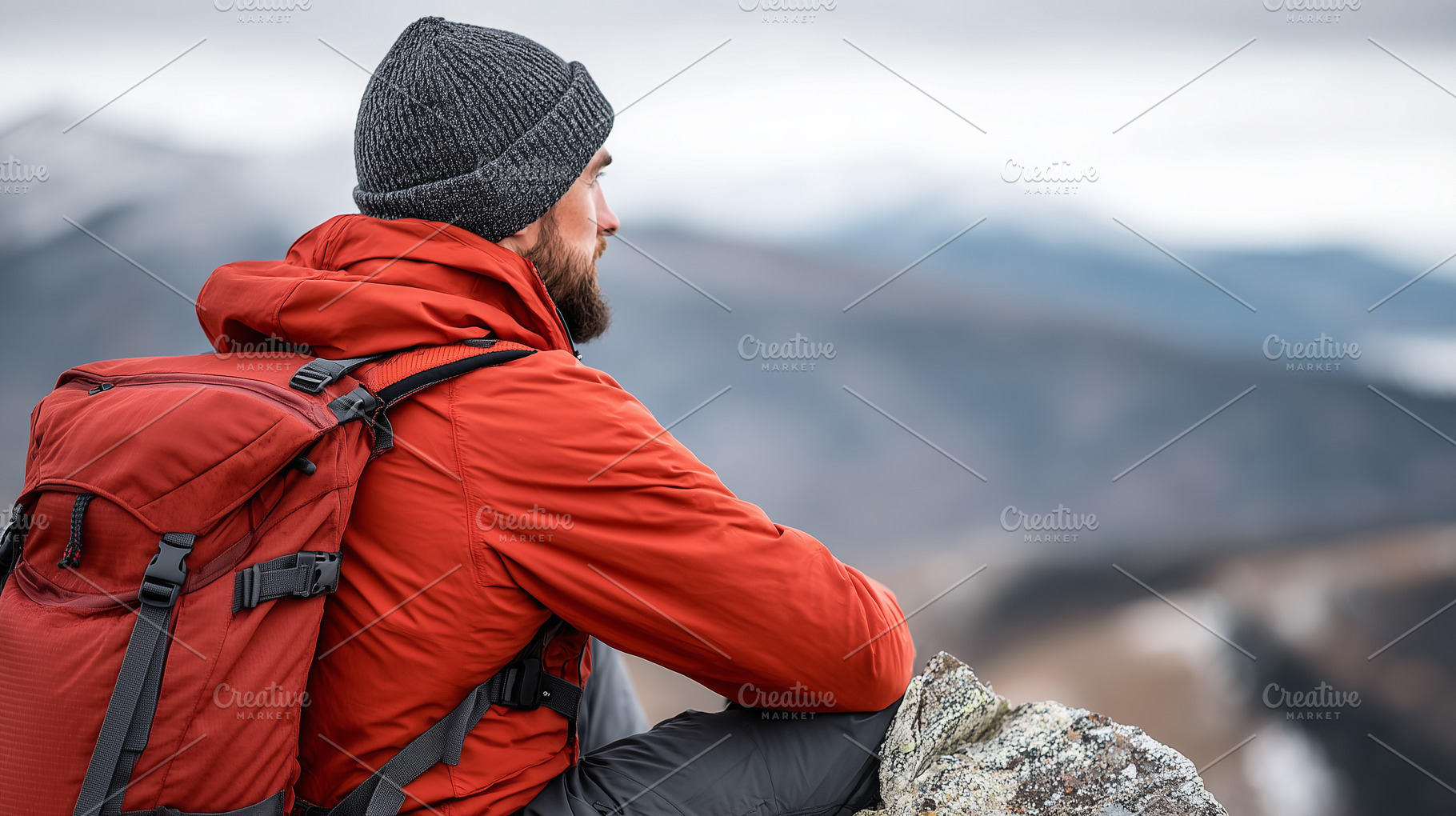 Man in red jacket, beanie, backpack, a Person Photo by MistyDay