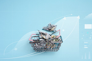 Metal shopping basket with pink handles filled with crumpled dol, a Business Photo by ndanko