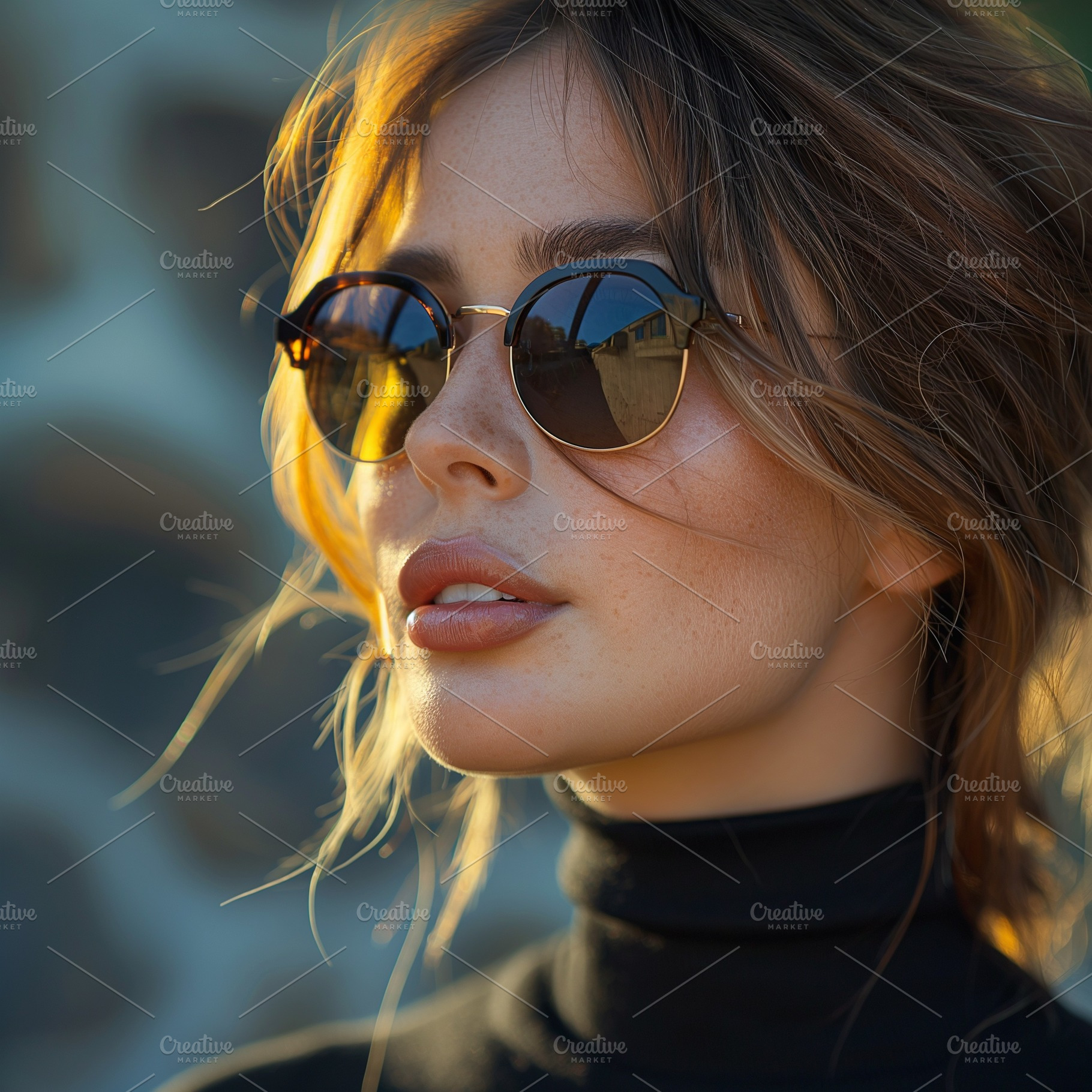A close-up of a young Caucasian woman wearing stylish sunglasses, exuding confi, a Person Photo by ImageMir