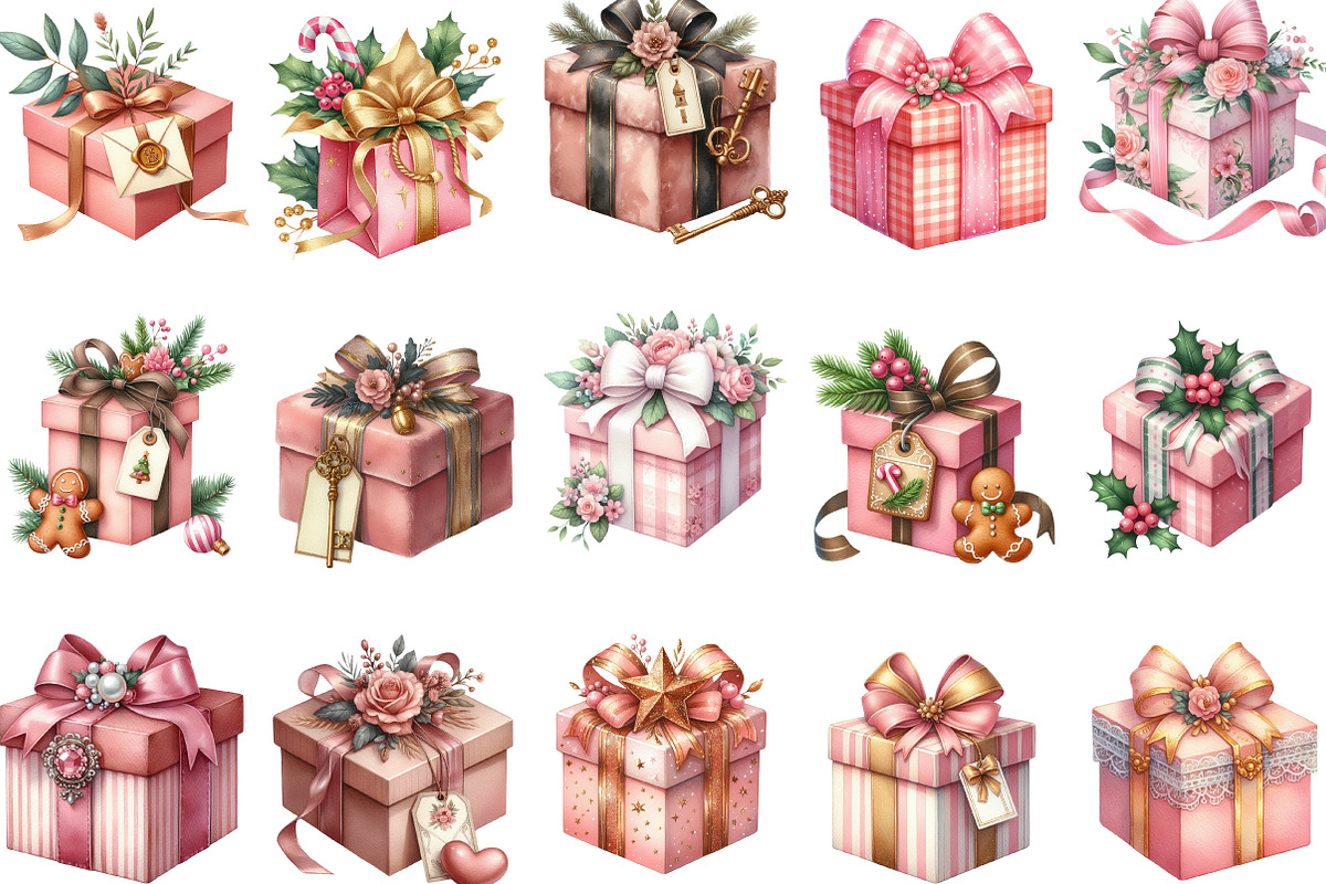 Vintage Pink Christmas Gifts Clipart, an Illustration by Designking (Photo 2 of 5)