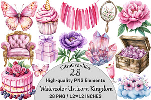 Watercolor Unicorn Kingdom Clipart, a Seasonal Illustration by CitraGraphics