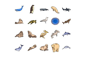 Sea animals line icons set. Isolated