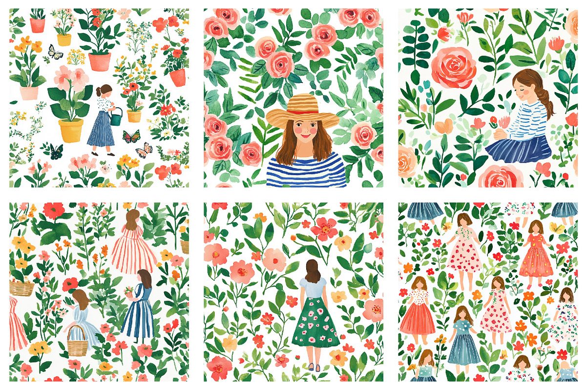 Garden spring girls seamless pattern, an Illustration by SinaCreation (Photo 4 of 6)