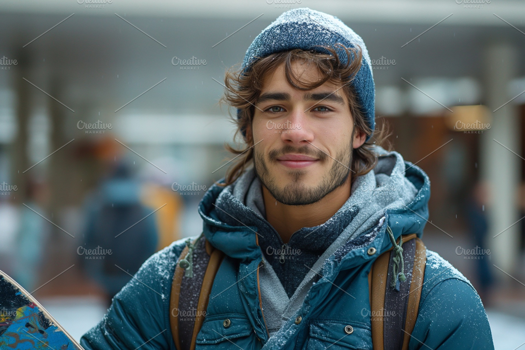 A young Hispanic male snowboarder smiles brightly in the snow, showcasing his w, a Person Photo by ImageMir