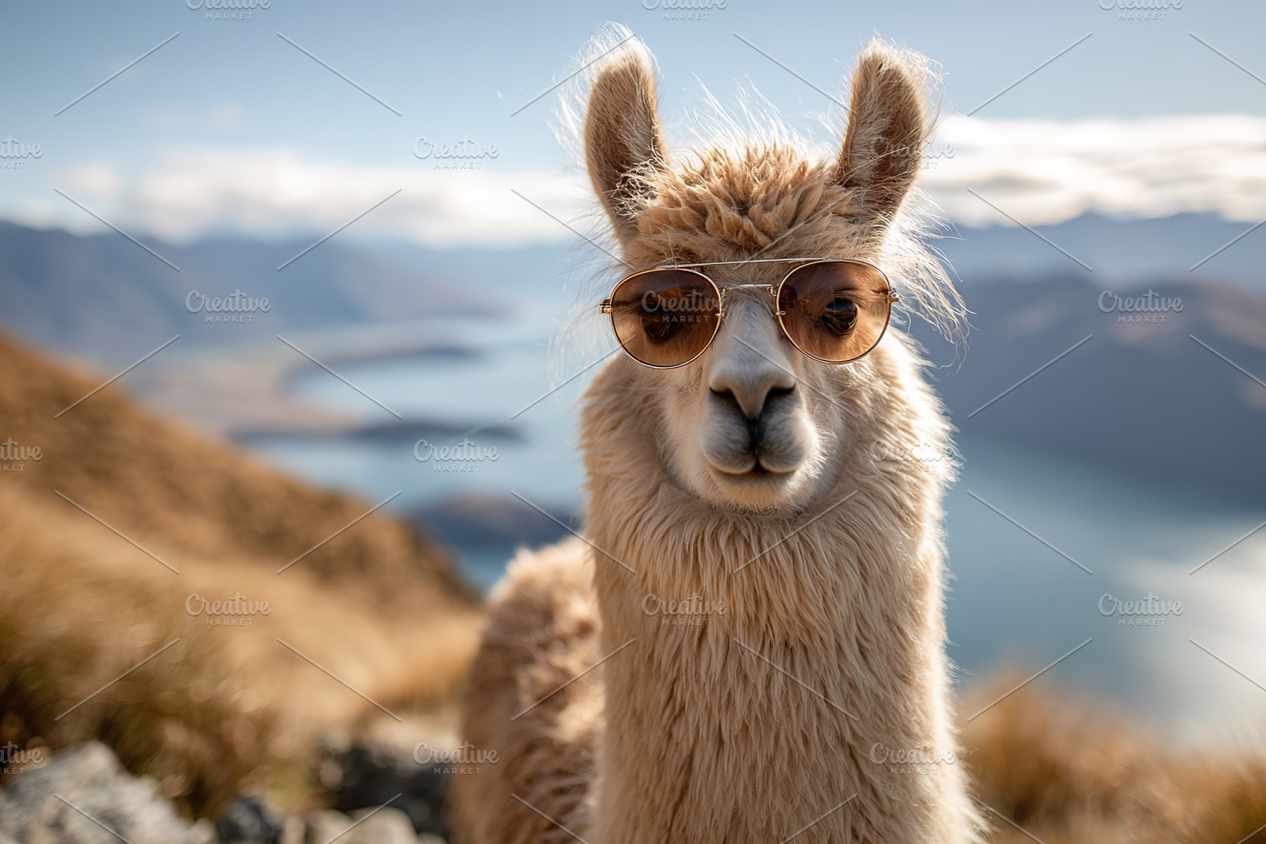 Alpaca sporting stylish sunglasses enjoys a scenic view by the mountainside, an Animal Photo by AlyaAnd
